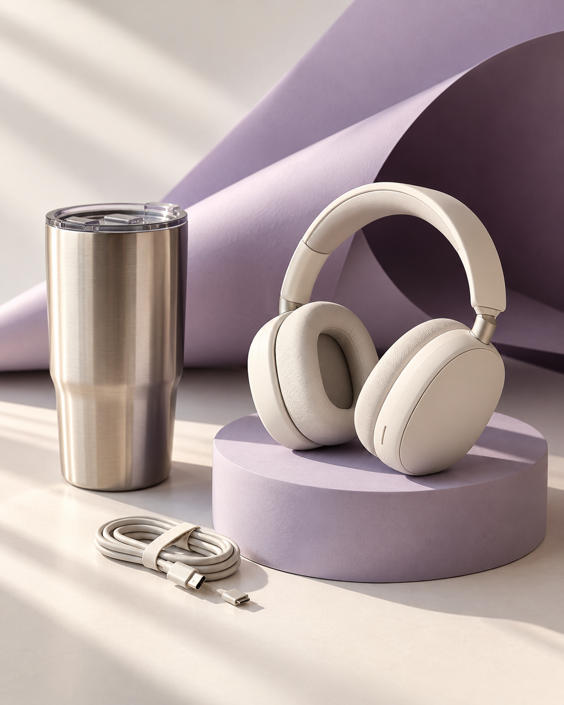 Editorial arrangement of everyday tech essentials in ivory and lavender