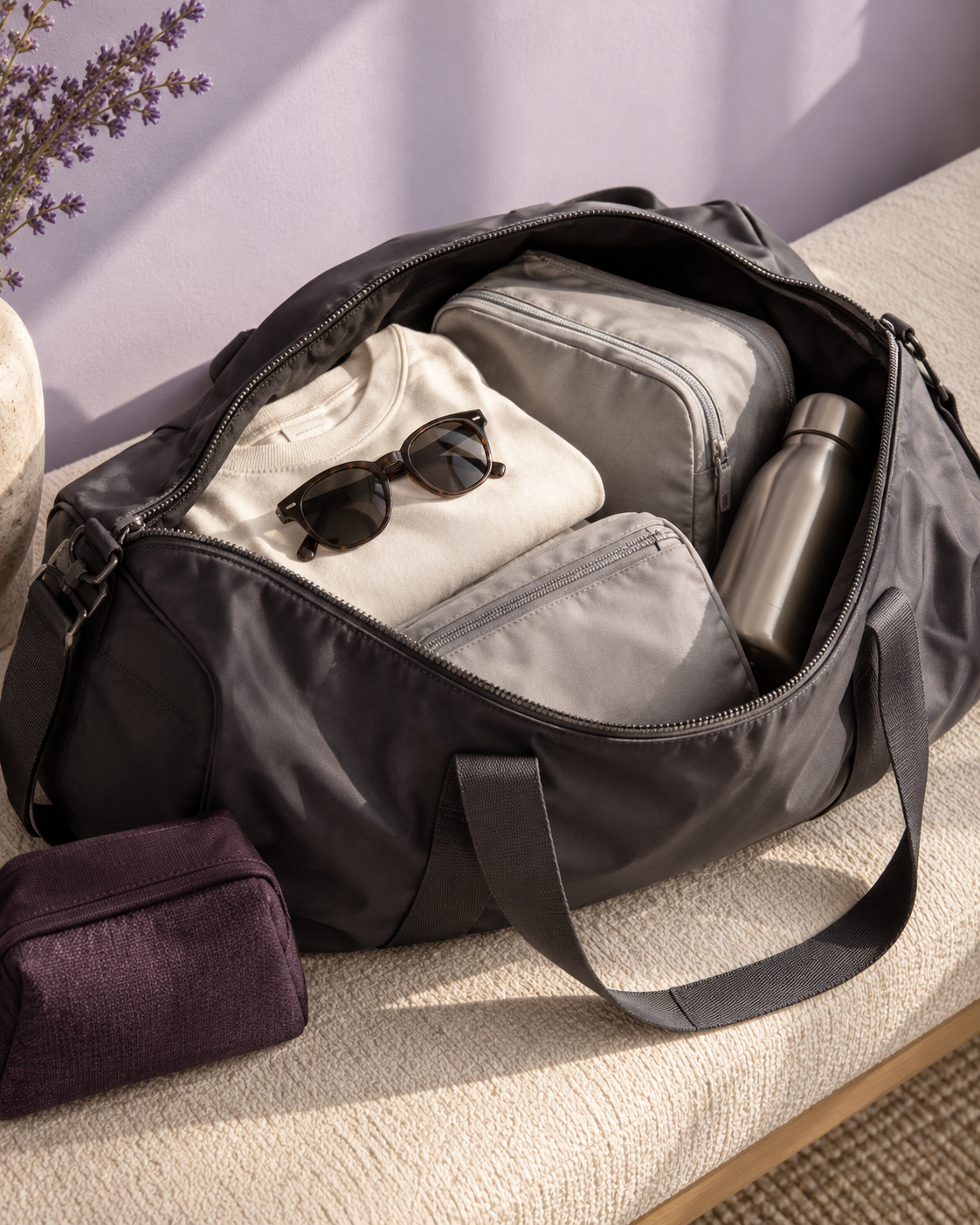 Travel bag and packing accessories arranged in a soft lavender setting